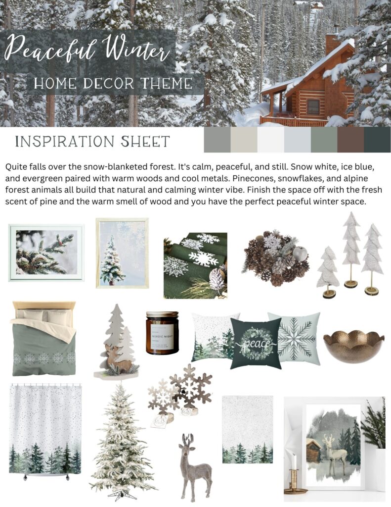 A Printable Winter Home Decor Inspiration Sheet. It includes visual inspiration, a color pallet and shoppable items. 