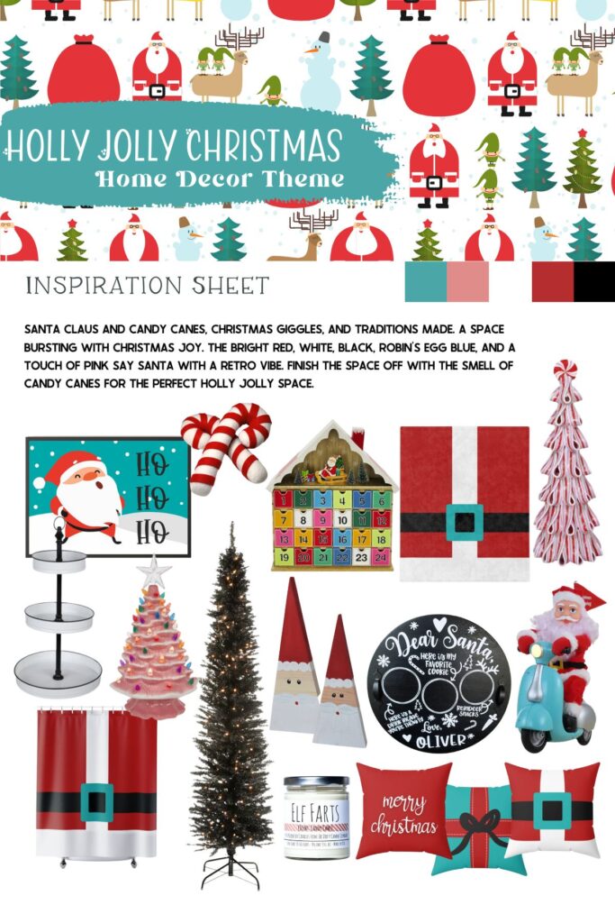 A Printable Holly Jolly Christmas Decor Inspiration Sheet. It includes visual inspiration, a color pallet and shoppable items. 