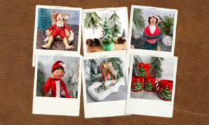 a collection of polaroid photos showing vintage christmas items