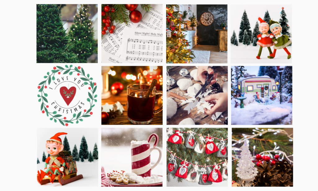 Collage of photos that represent what our Blog is about. The traditions of Christmas: making snow flakes, hot coco, Christmas trees, advent calendars and vintage Christmas.