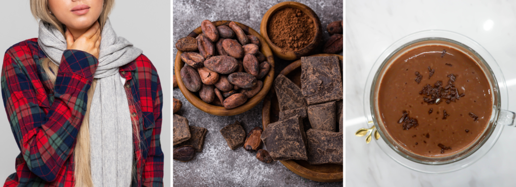 3 pictures. a woman with a sore throat, cocoa beans and cocoa powder, and a cup hot cocoa.