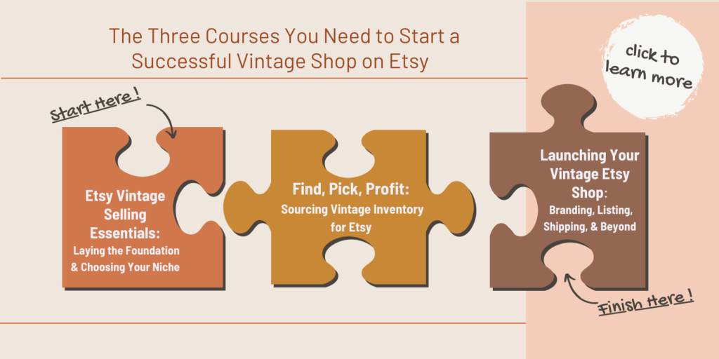 Puzzle pieces showing the three courses you need to start a successful vintage shop on etsy