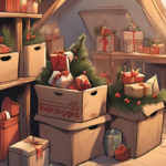 picture of an attic with stored christmas decorations