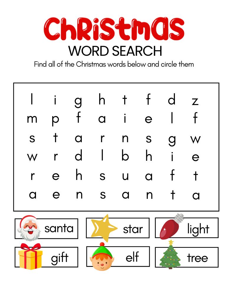 Kindergarten Christmas Word Search